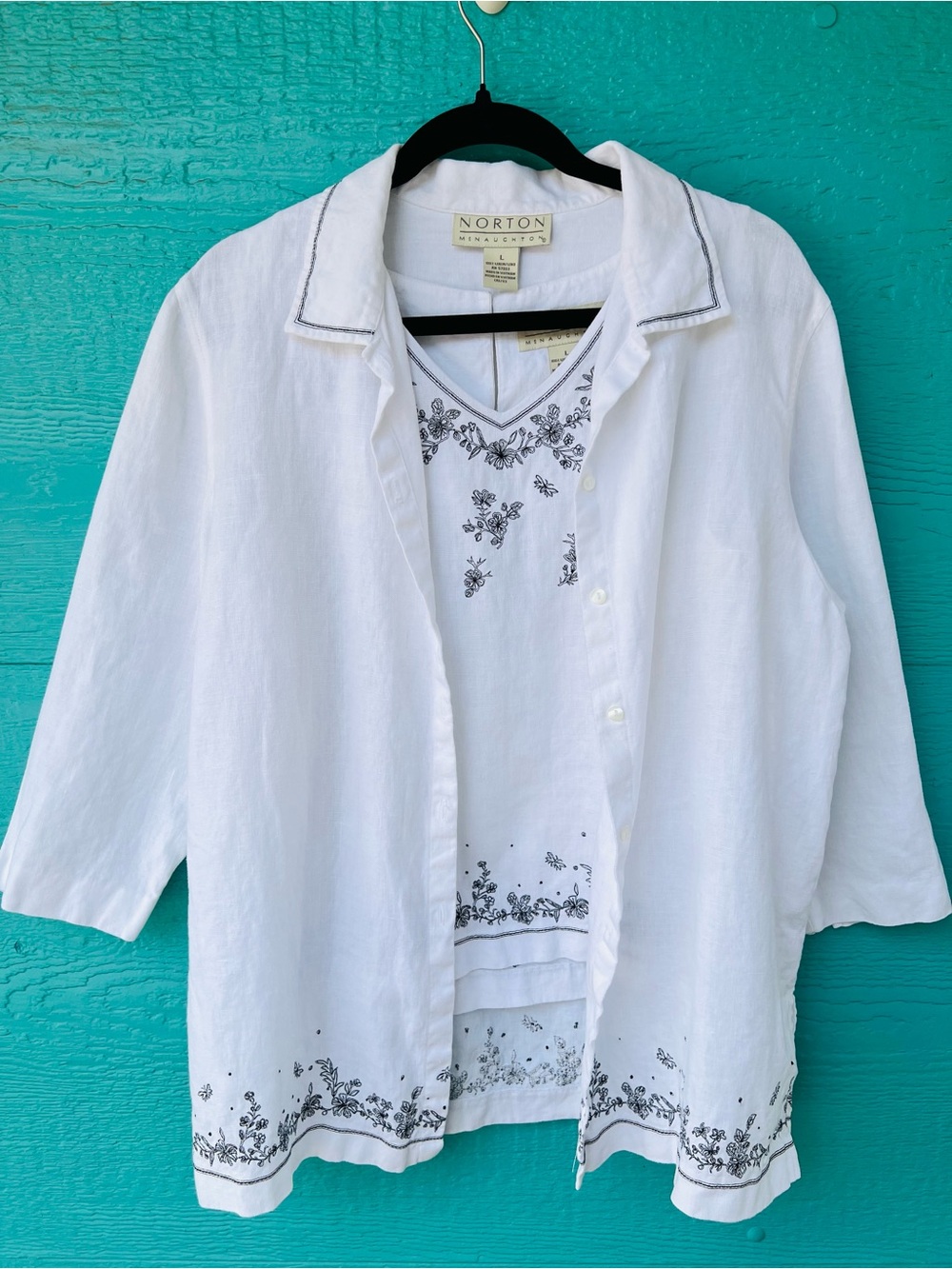 Linen 2pc Set Embroidered Tank Top & Cardigan SIZE Large White Black Lightweight
